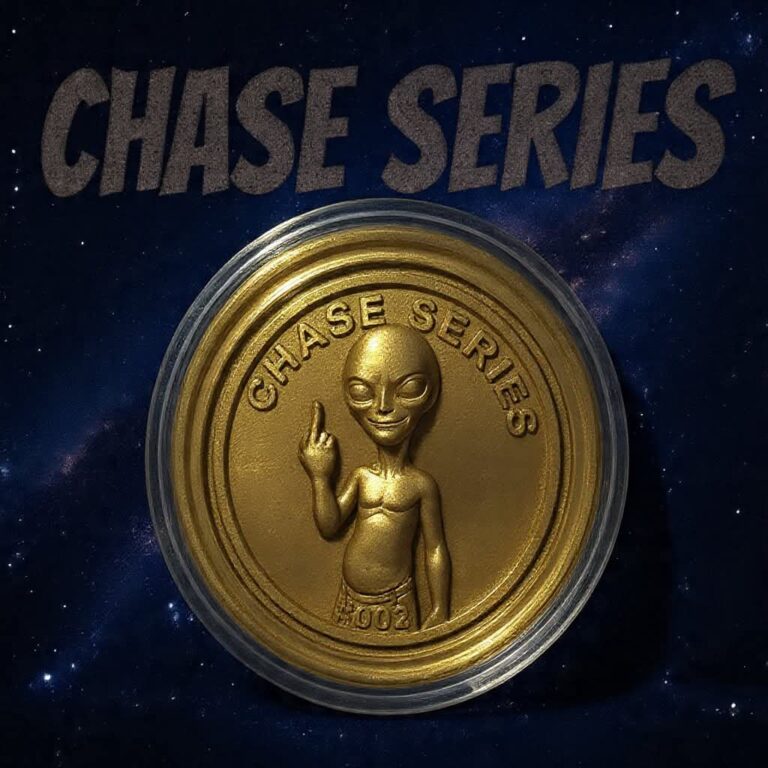 Gold Chase Series alien coin against starry space background