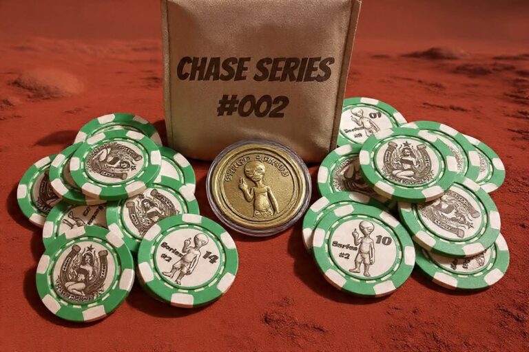 Chase Series alien casino chips and coin on red surface