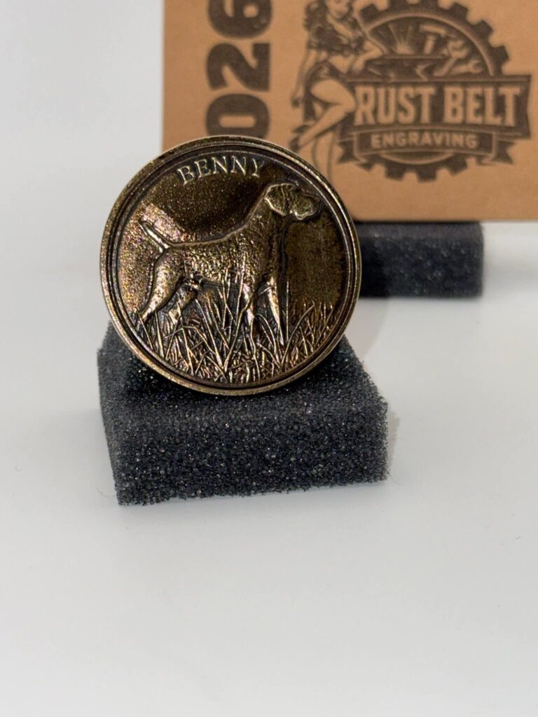 Benny dog coin displayed on foam with Rust Belt card