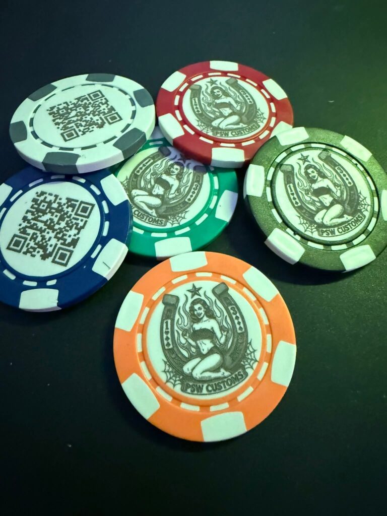 Custom PSW poker chips close-up